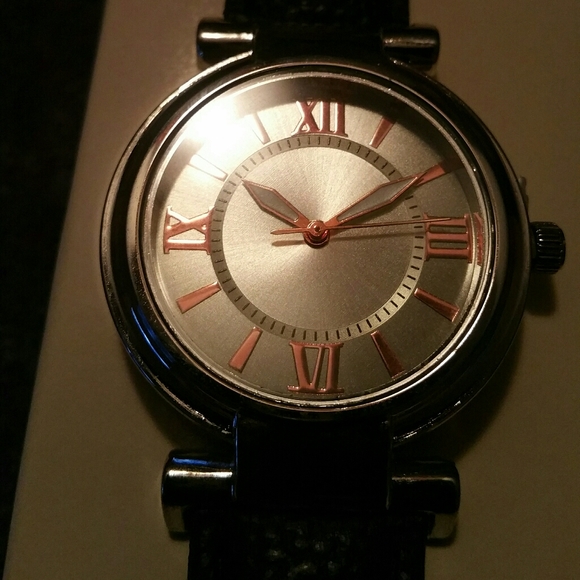 Circle Rose Gold Silver Black Leather Watch Band - Picture 5 of 8